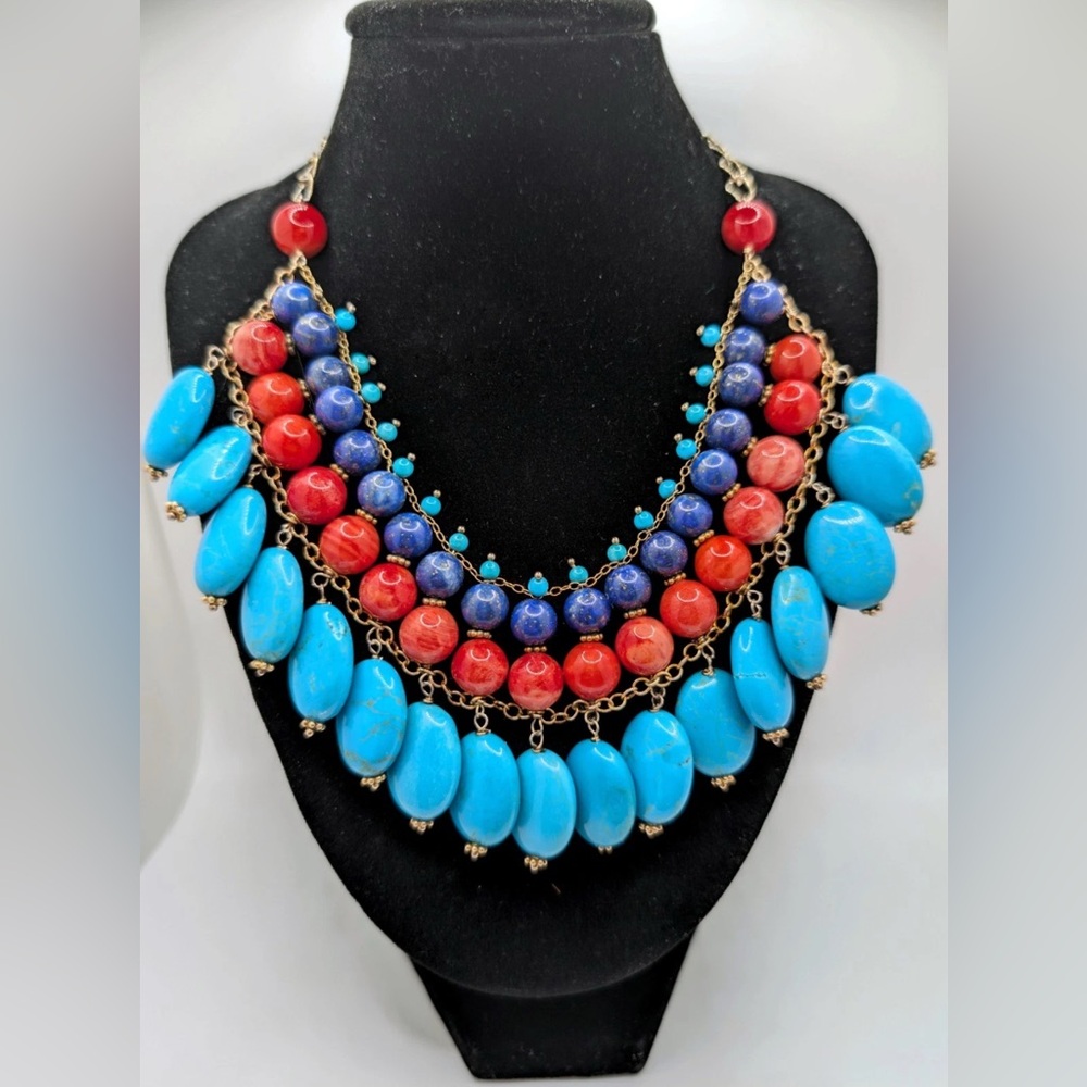 Vintage sterling  Lapis Lazuli pink Coral and Turquoise large bib necklace